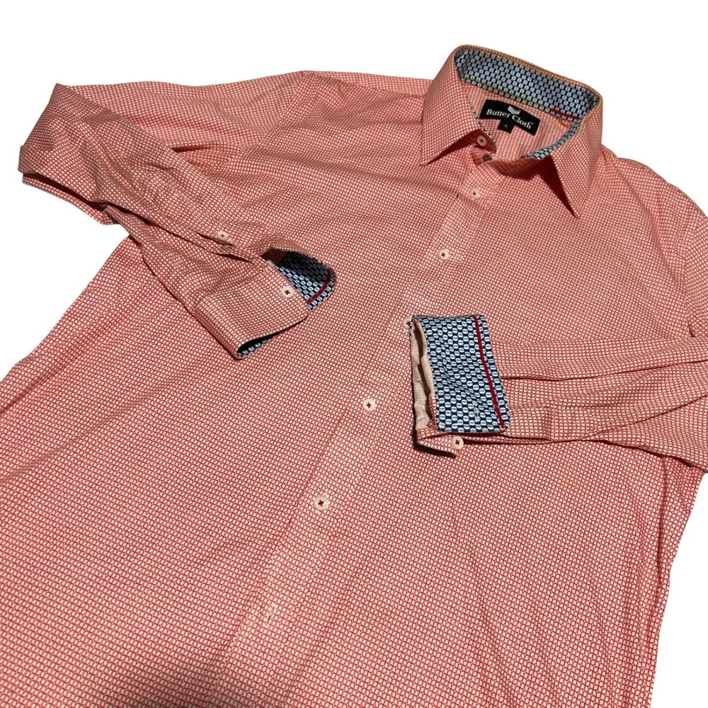 Butter Cloth Button Down Shirt Mens Large Red White Geometric Long Sleeve